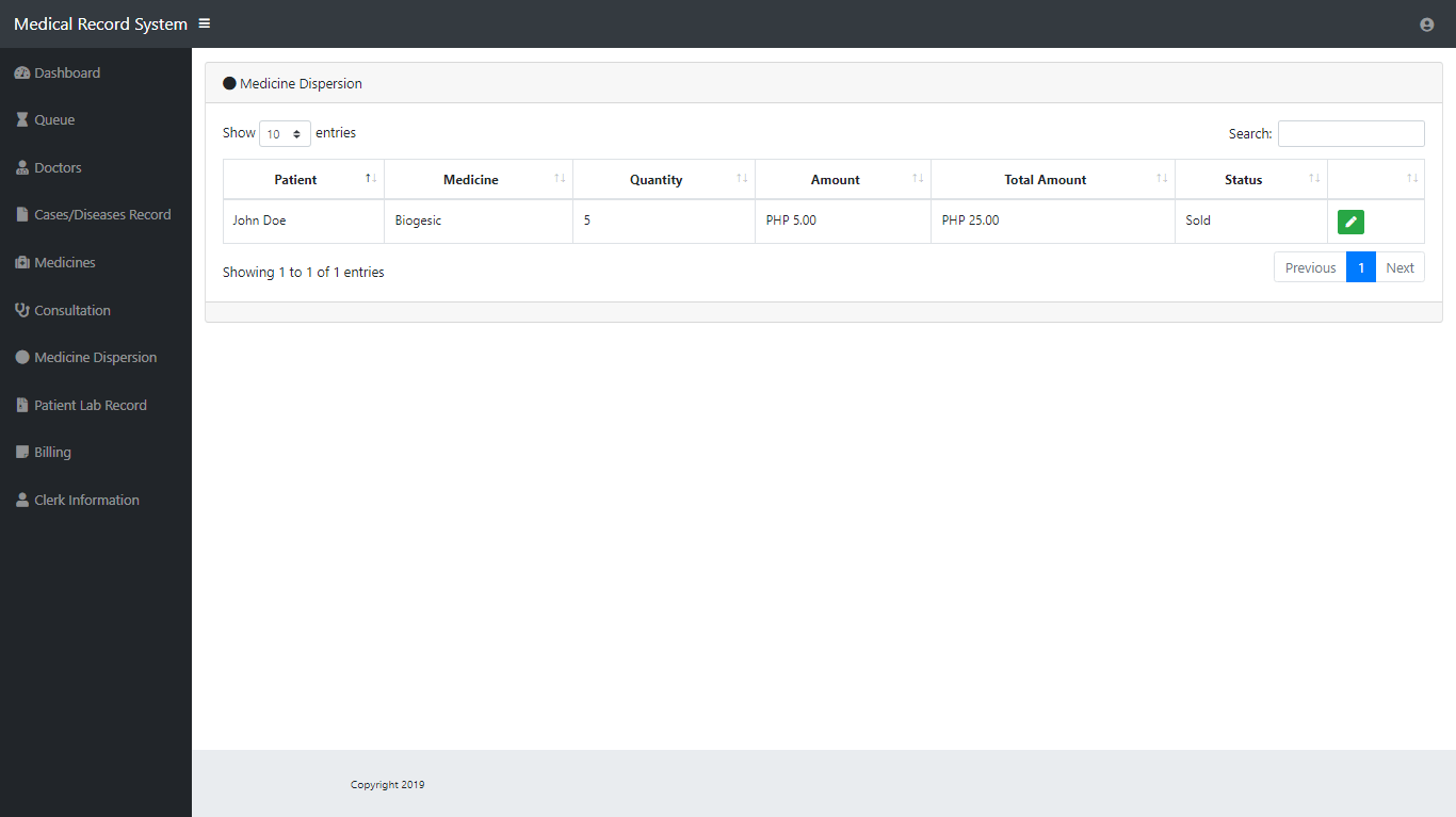 Medical Record System List of Medicine Dispersed Module