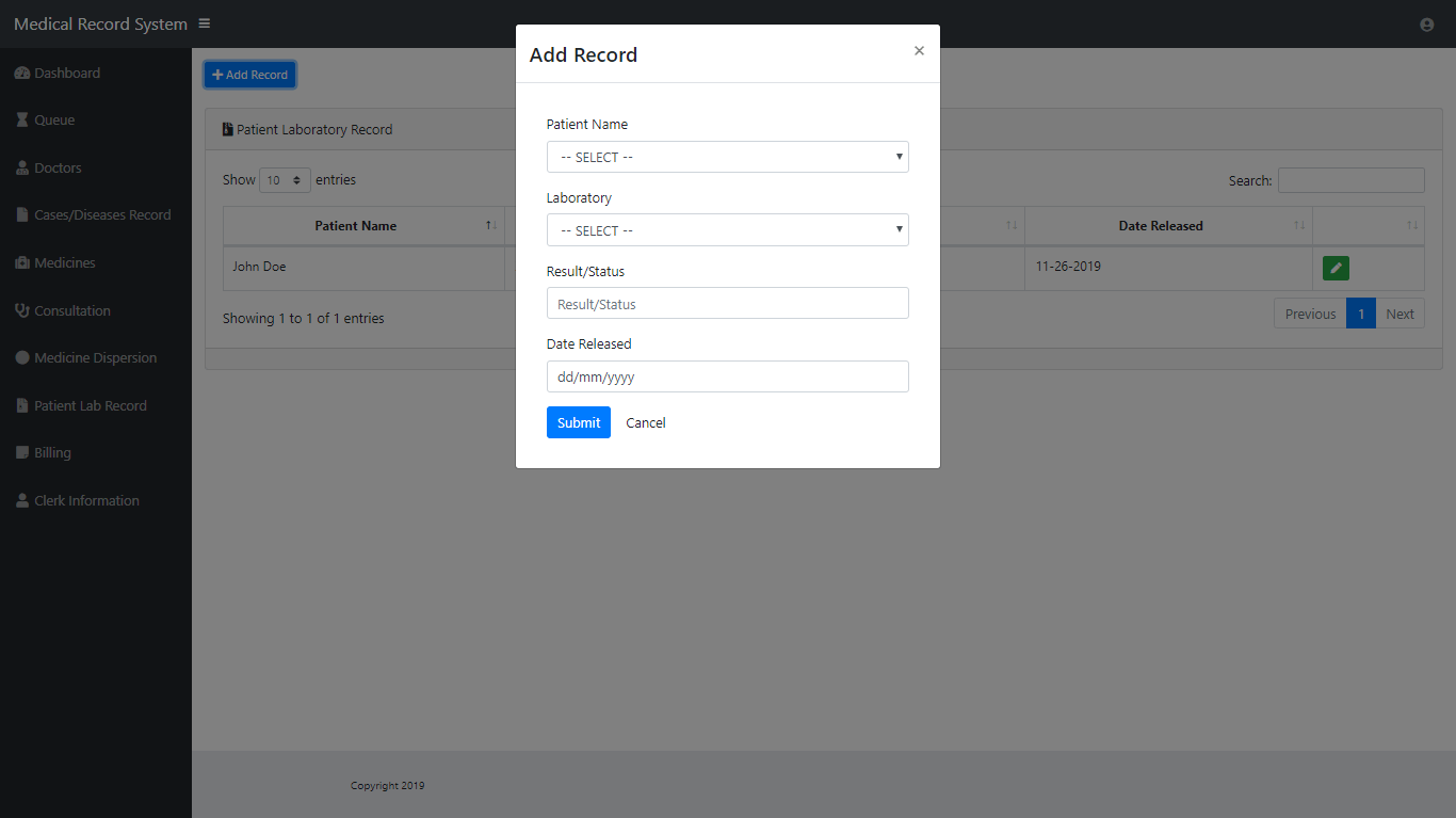 Medical Record System Patient Lab Record Module