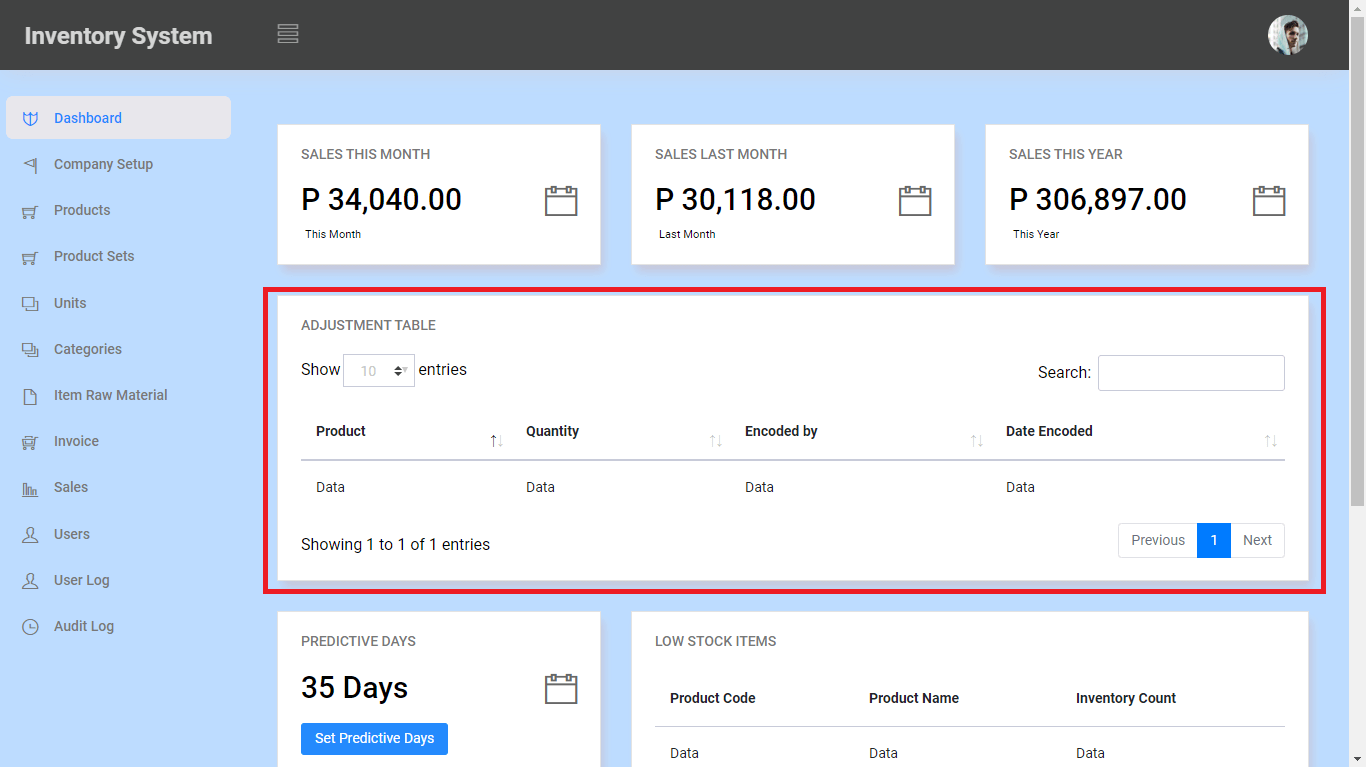 Inventory System Adjustment Table Module