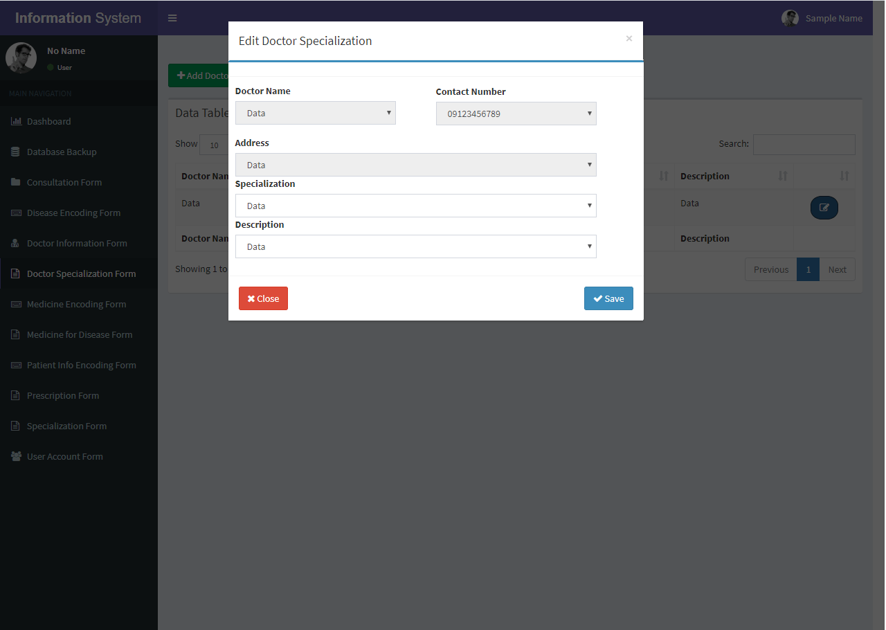 Patient Information System Doctor Specialization Form Updating Form