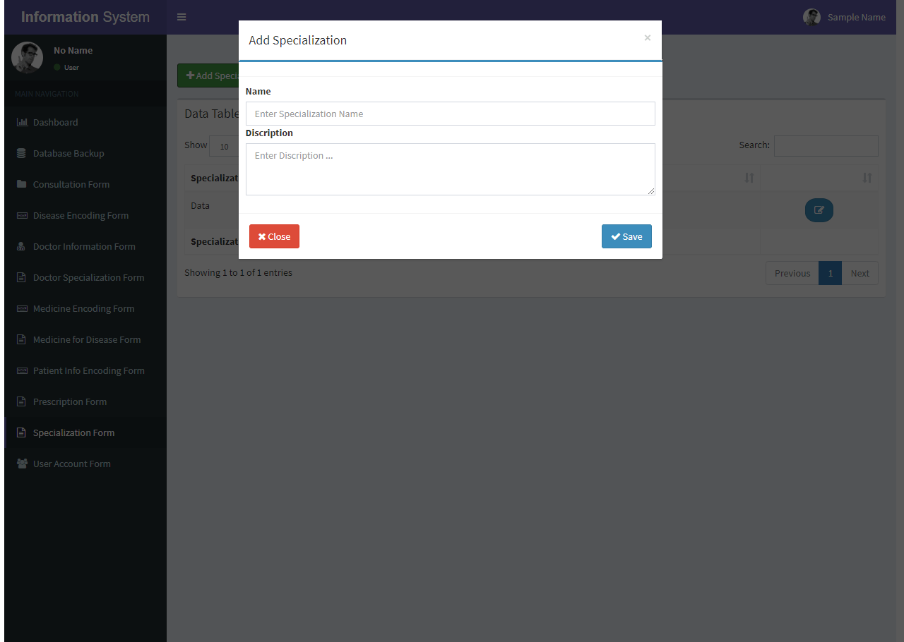 Patient Information System Specialization Adding Form