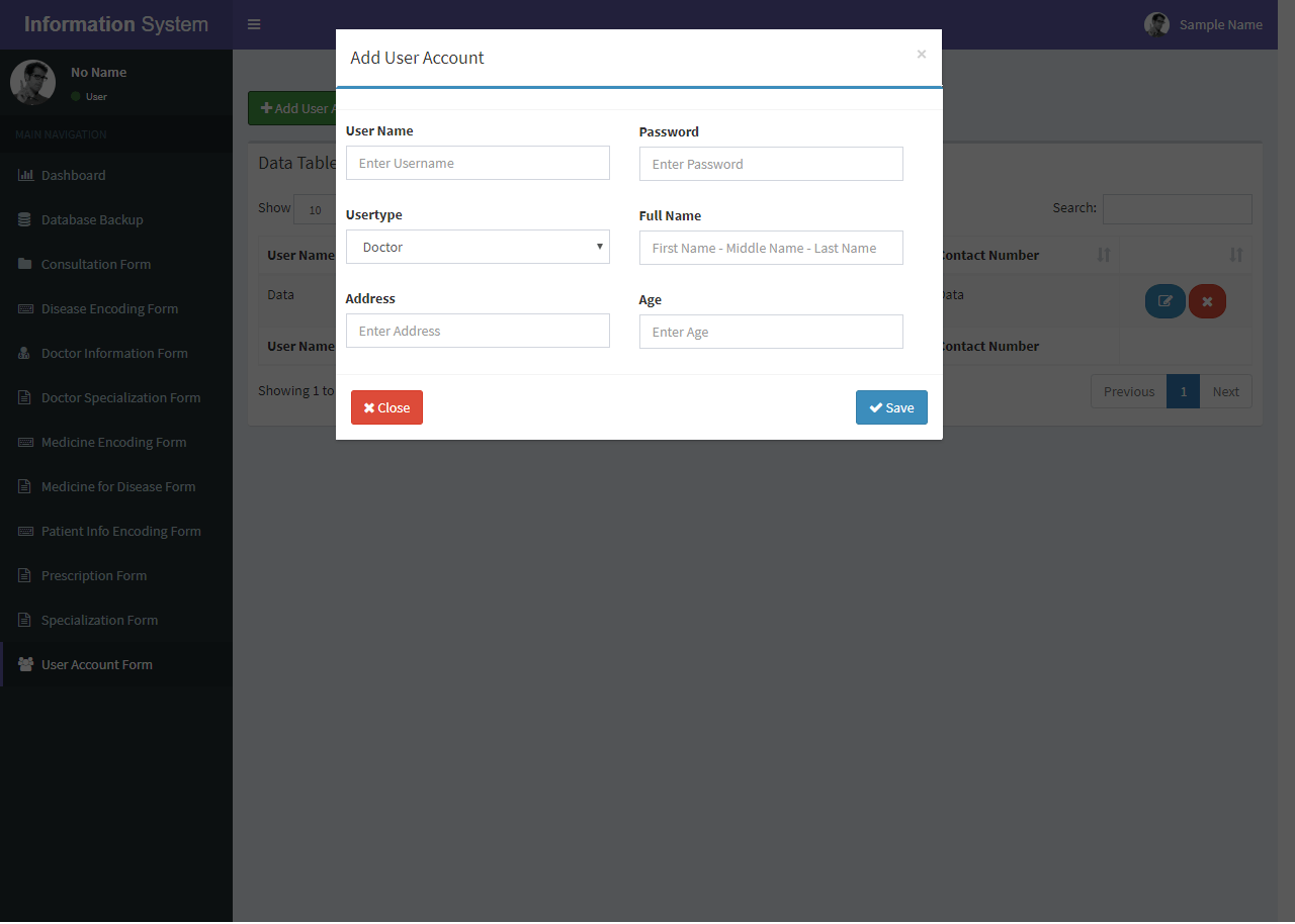 Patient Information System User Account Form