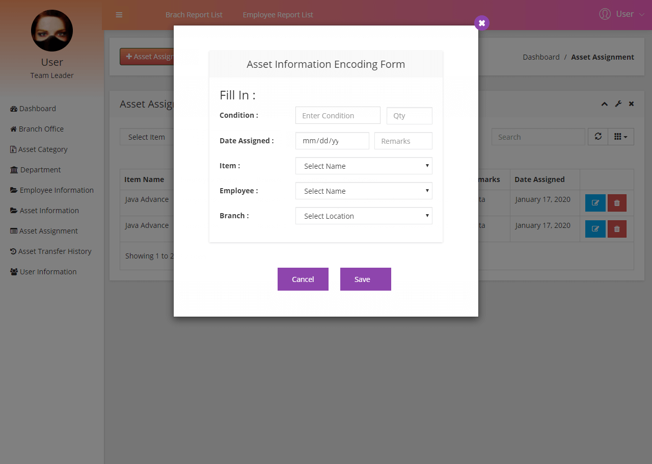 Asset Management System Asset Assignment to Employee Module