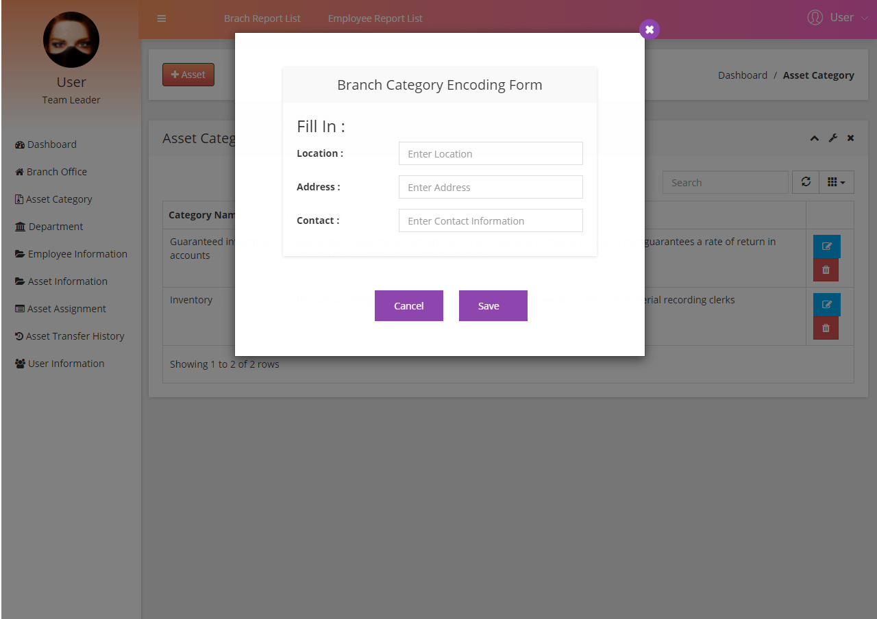 Asset Management System Asset Category Encoding Form