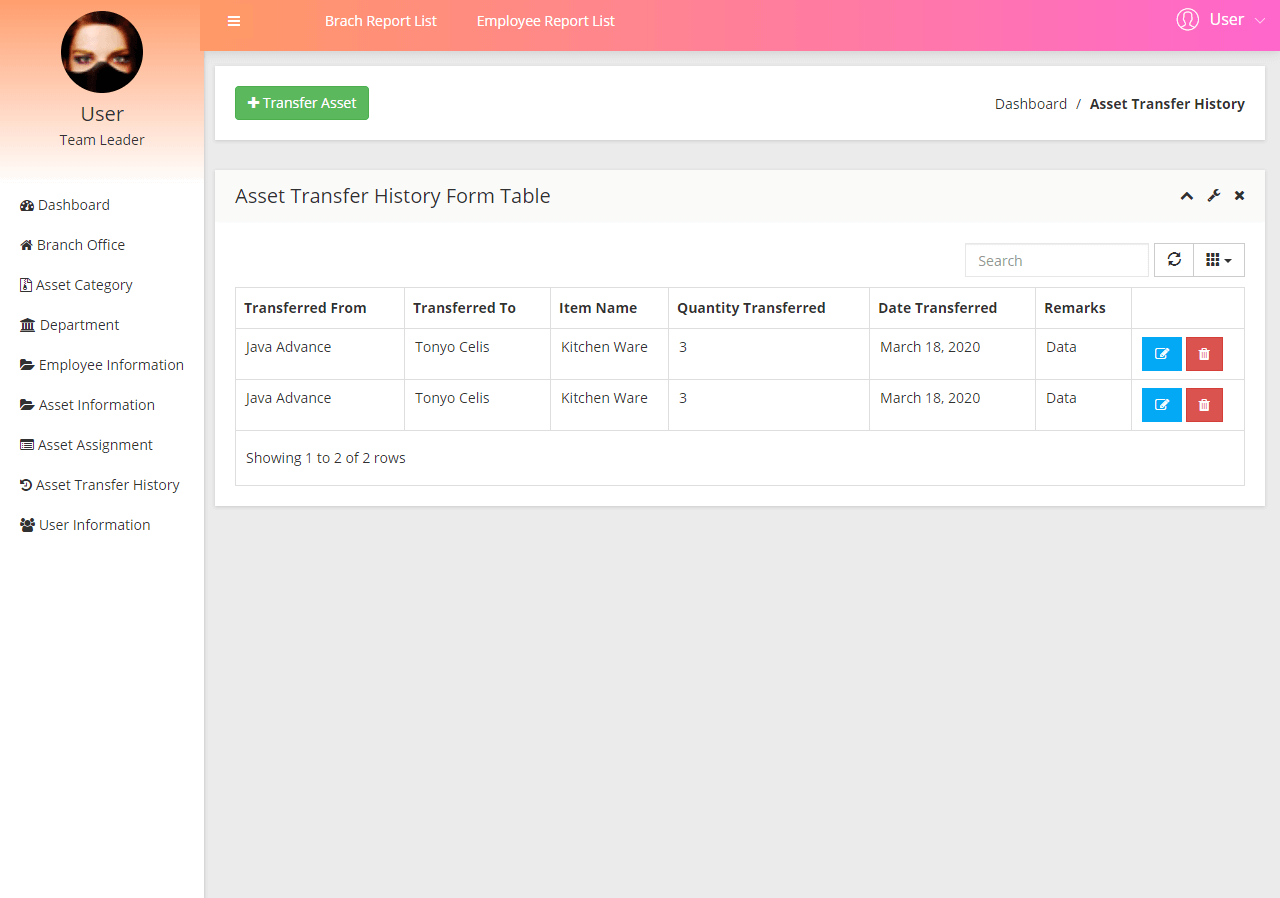 Asset Management System Asset Transfer History