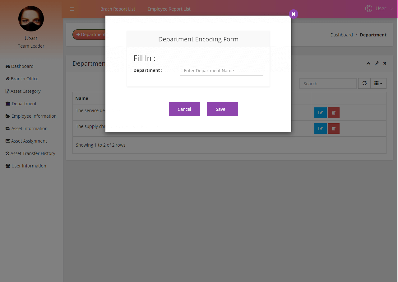 Asset Management System Department Encoding Form