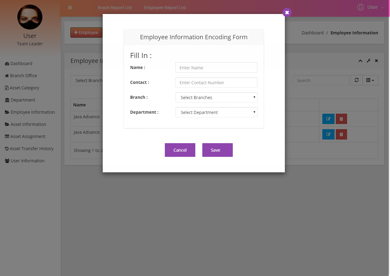 Asset Management System Employee Information Encoding Form