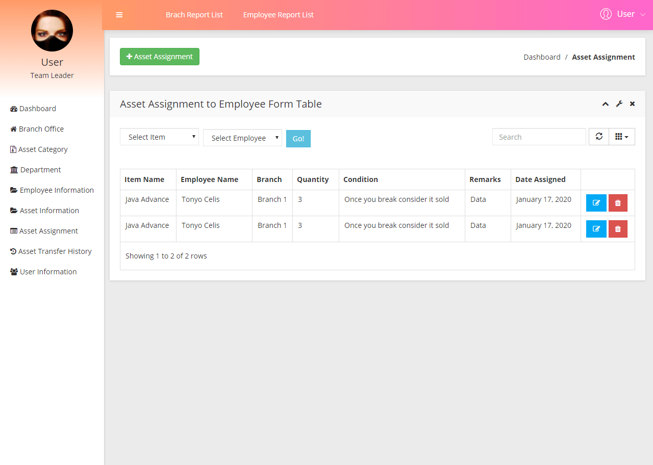 Asset Management System List of Asset Assignment to Employee Module