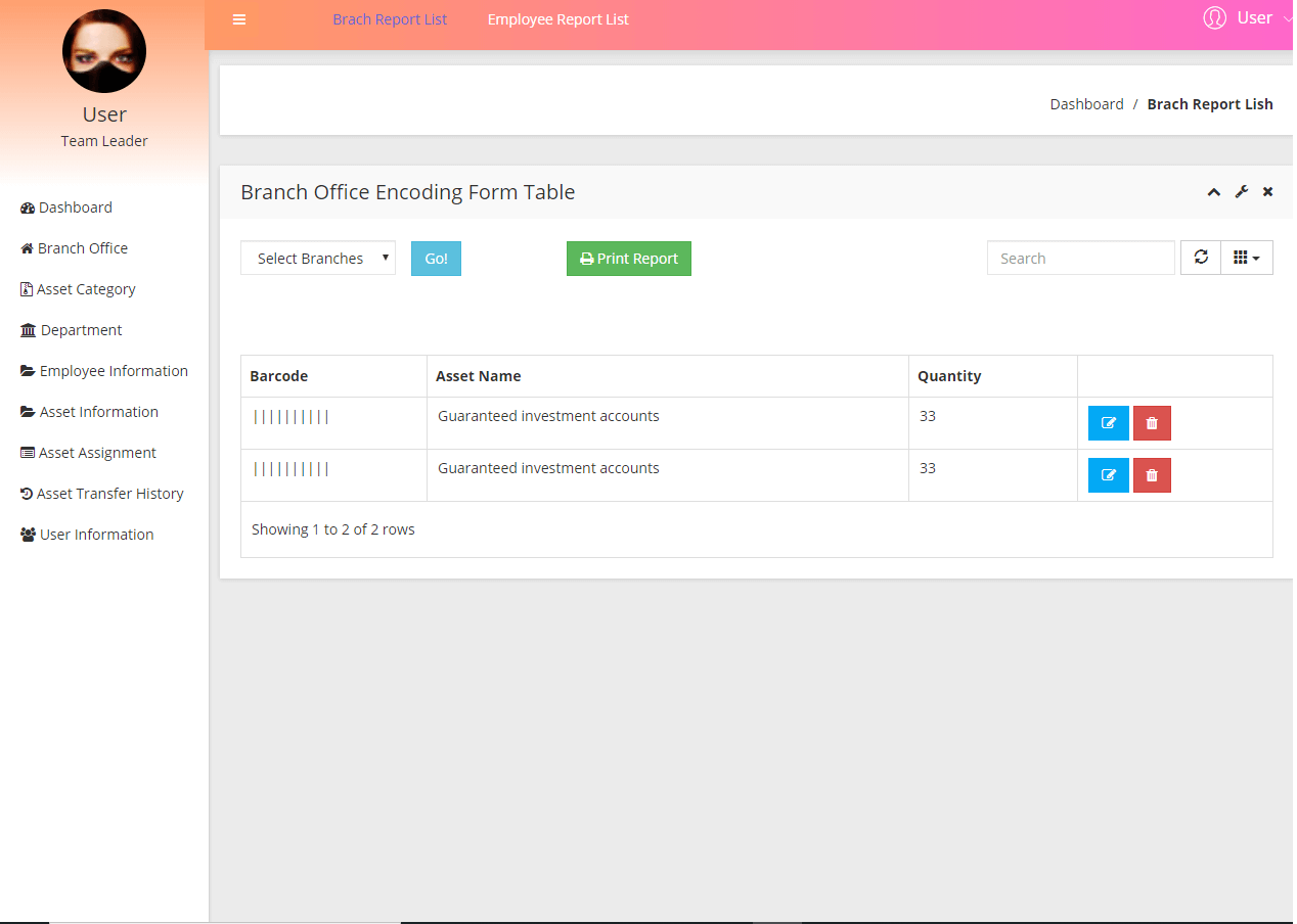 Asset Management System Report on List of Assets per Branch