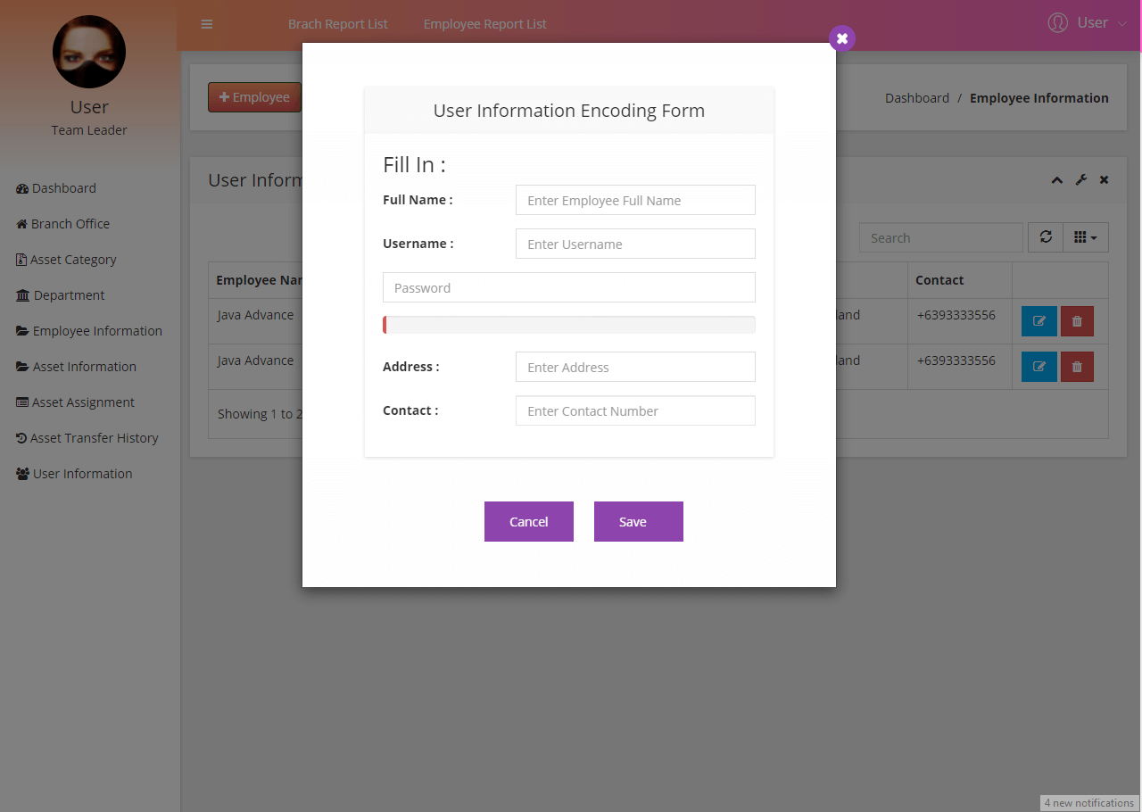 Asset Management System User Information Encoding Form