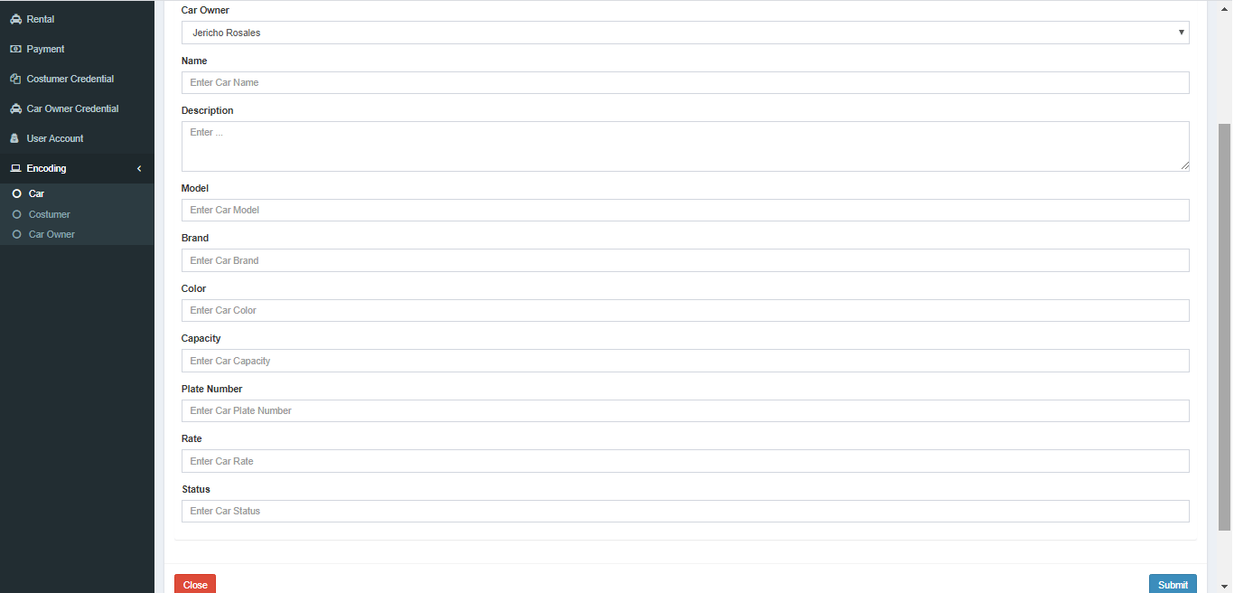 Car Rental System Car Encoding Form