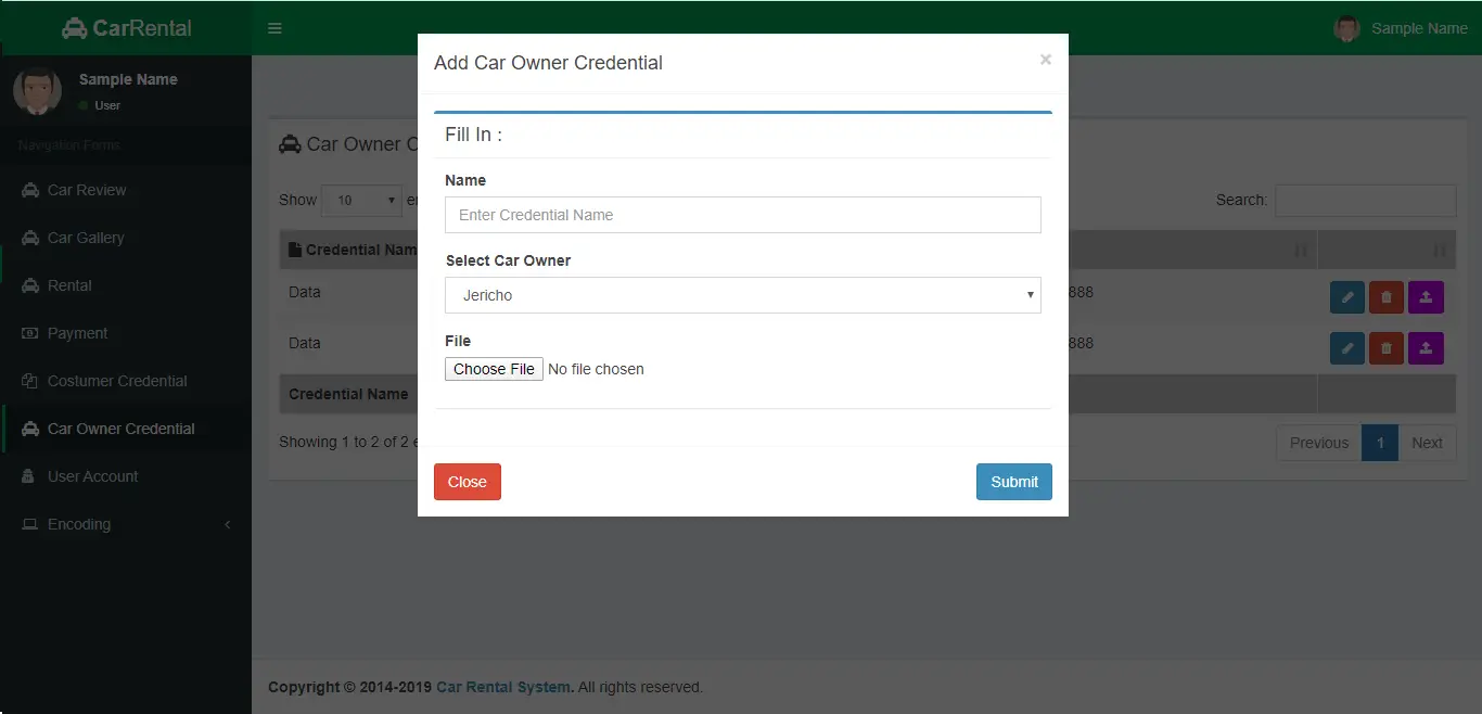 Car Rental System Car Owner Credential Form