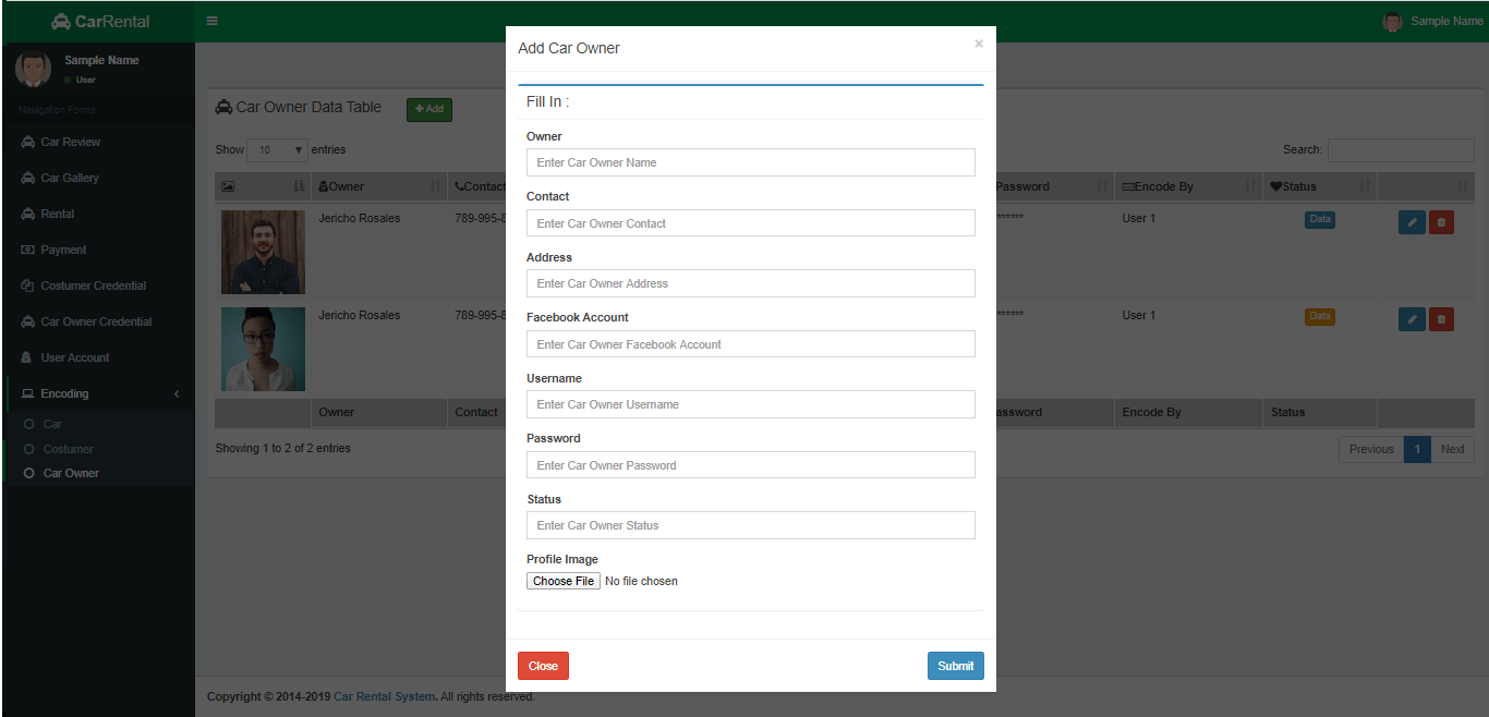 Car Rental System Car Owner Encoding Form