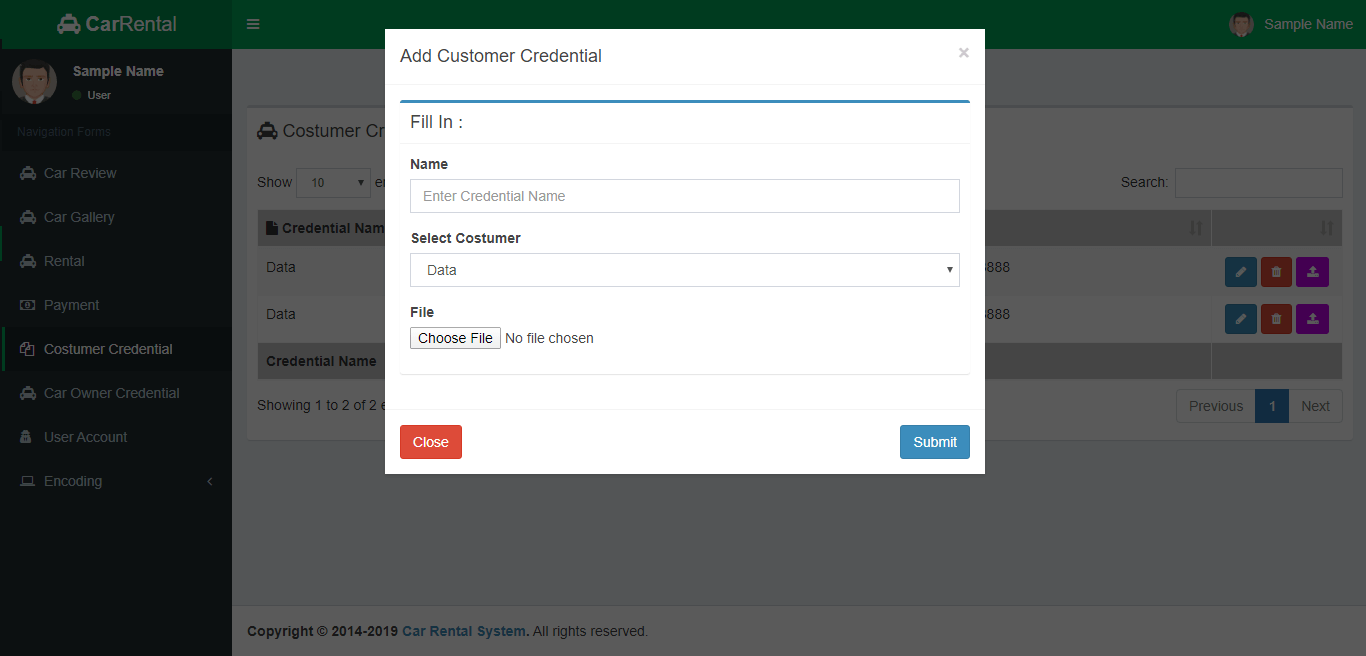 Car Rental System Costumer Credential Form