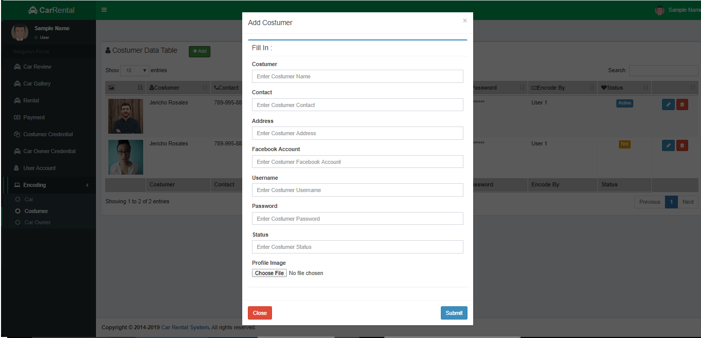 Car Rental System Costumer Encoding Form