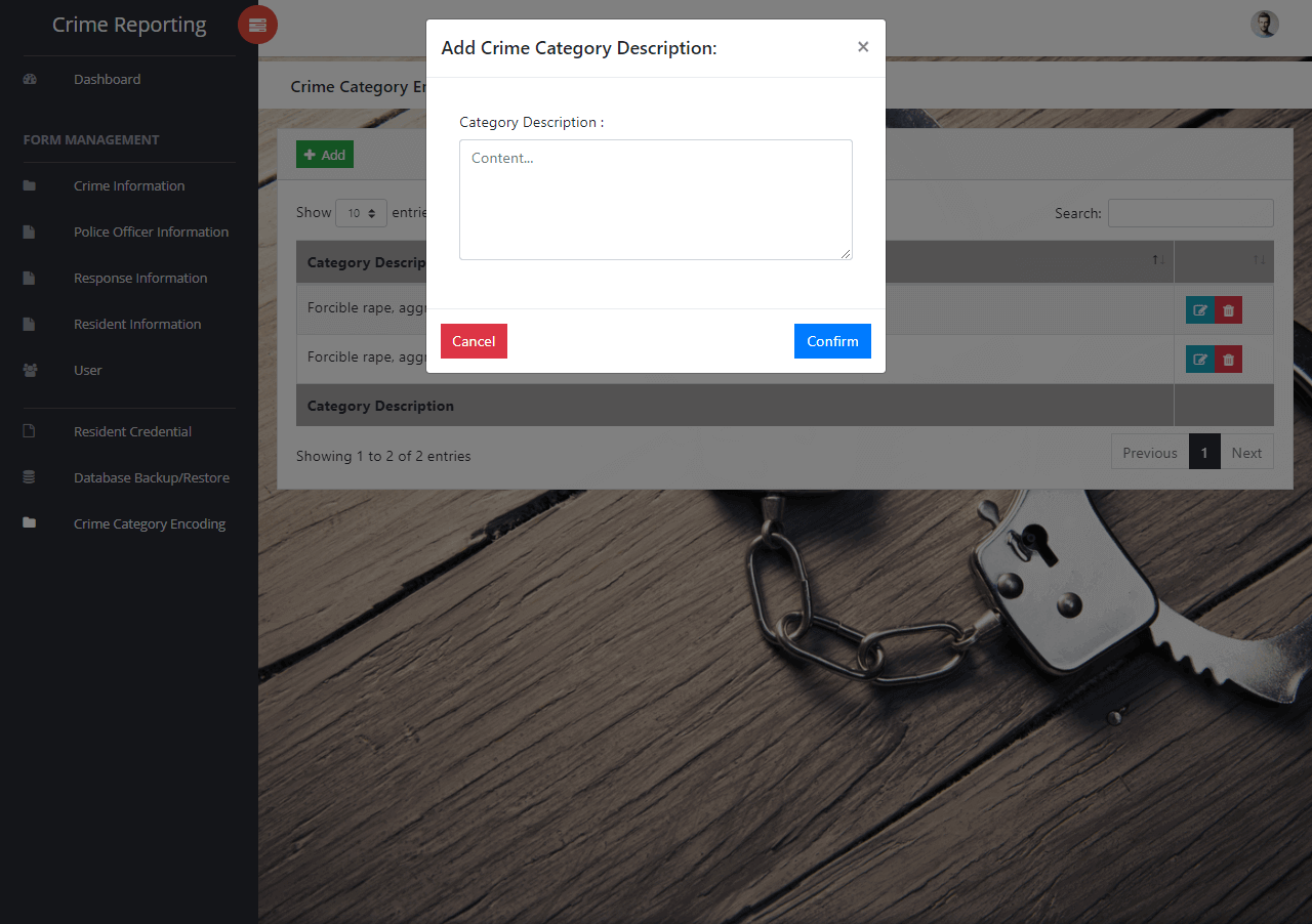 Crime Management System Crime Category Information Form