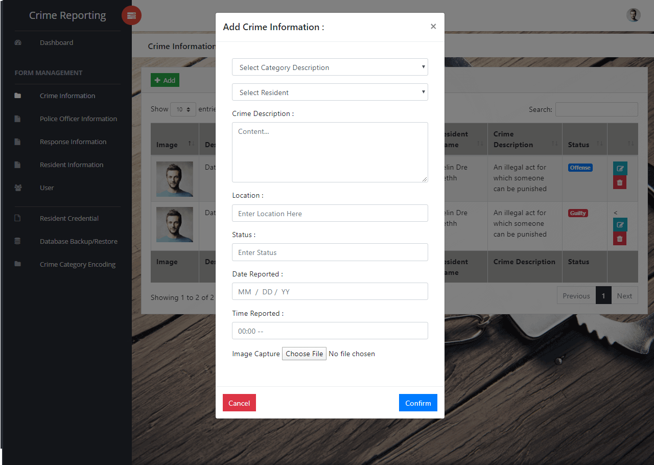 Crime Management System Crime Information Management Form