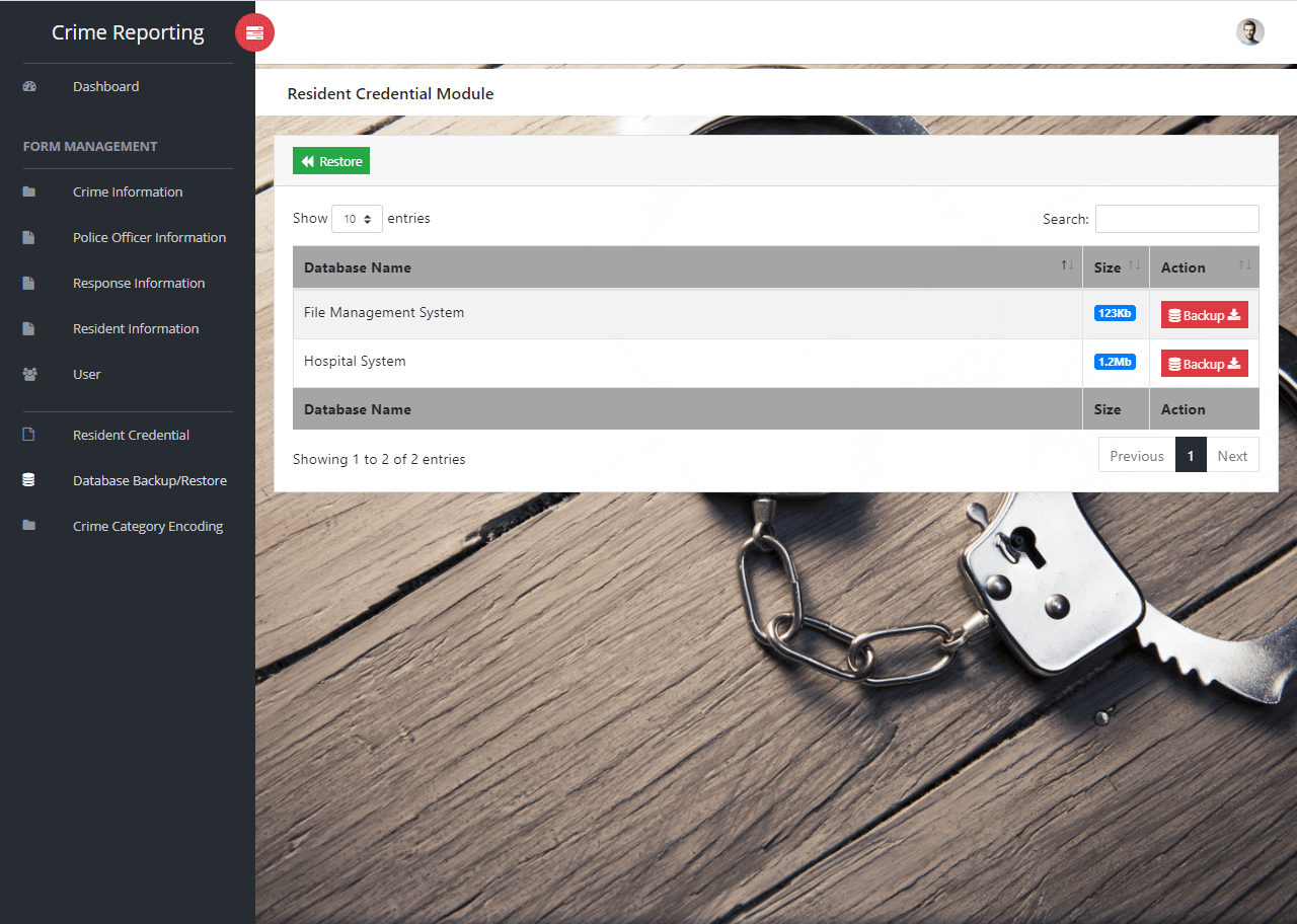 Crime Management System Database Backup-Restore Form
