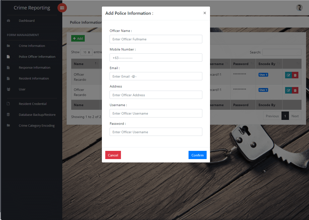 Crime Management System Police Officer Information Management Form