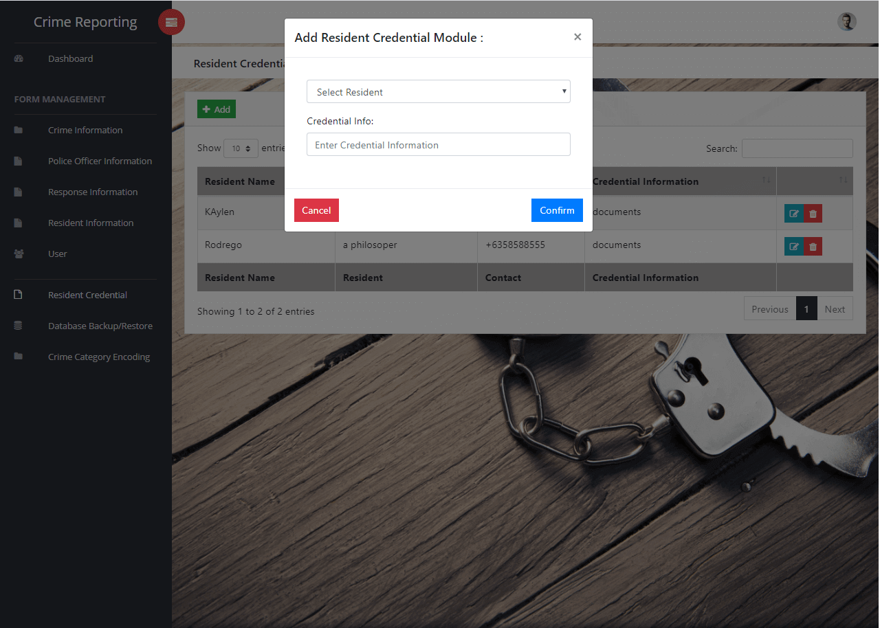 Crime Management System Resident Credential Uploading Module