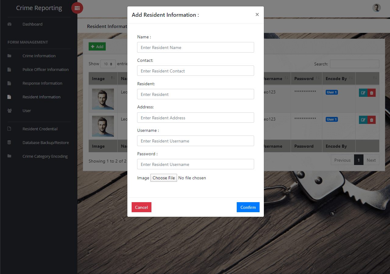 Crime Management System Resident Information Management Form