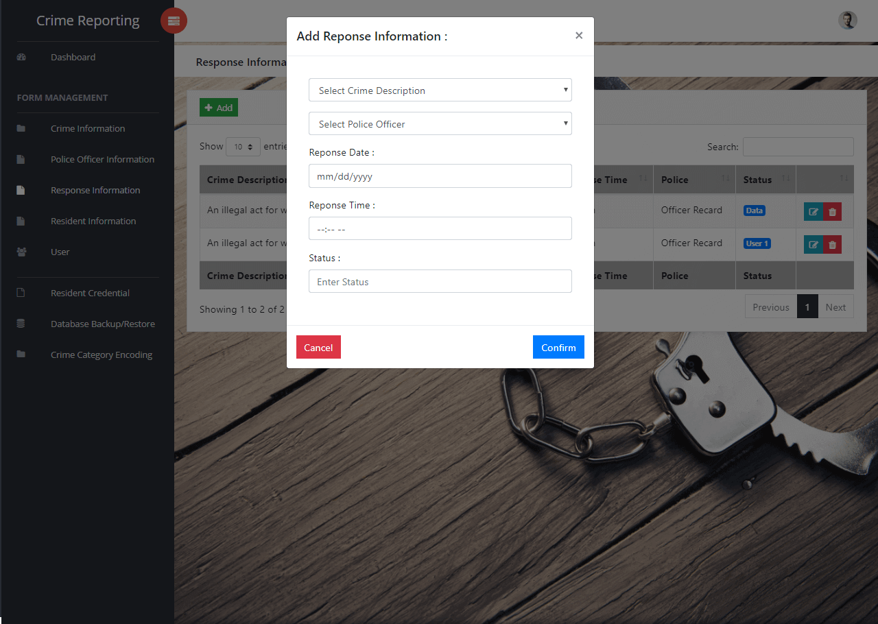 Crime Management System Response Information Management Form