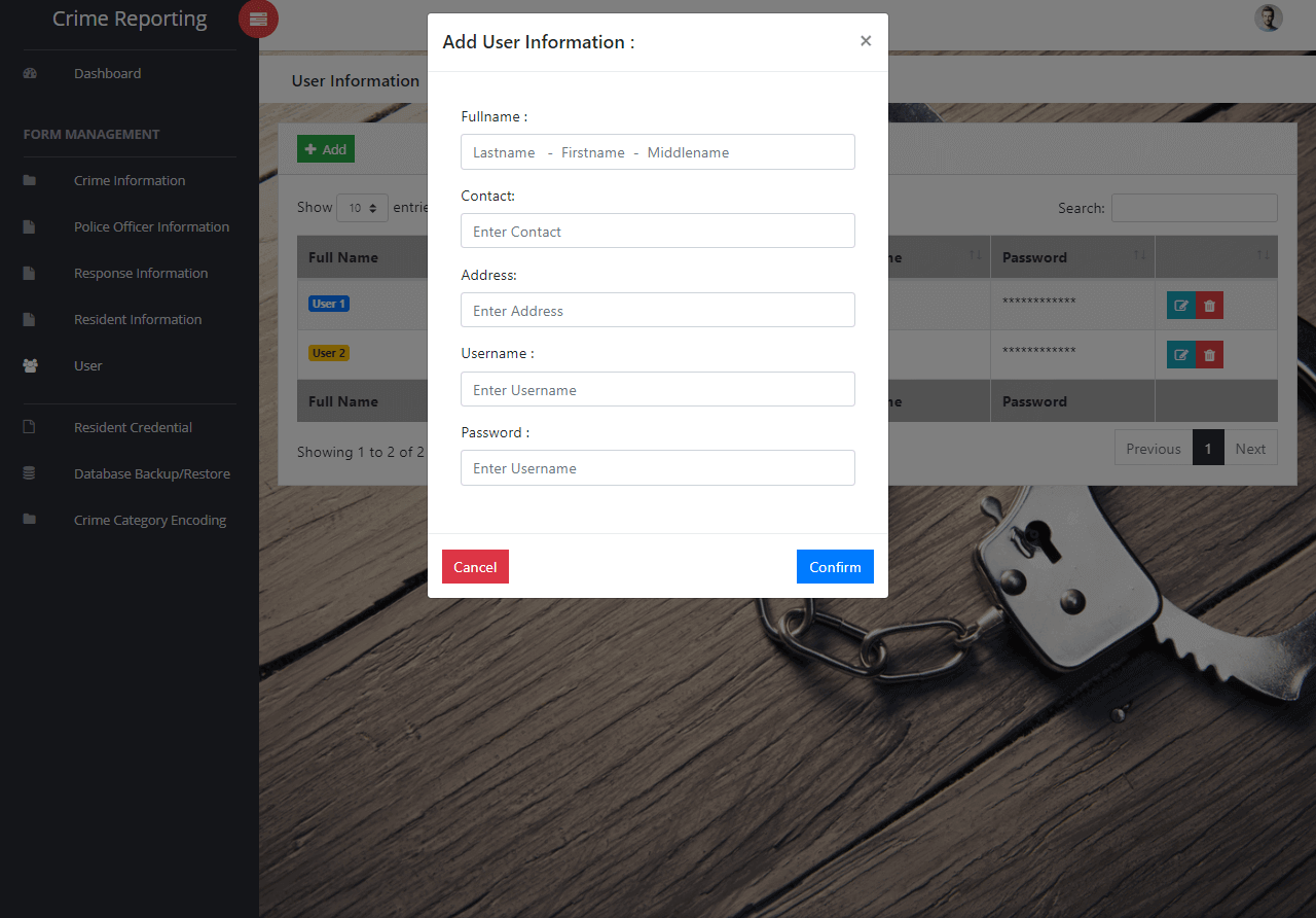 Crime Management System User Management Form