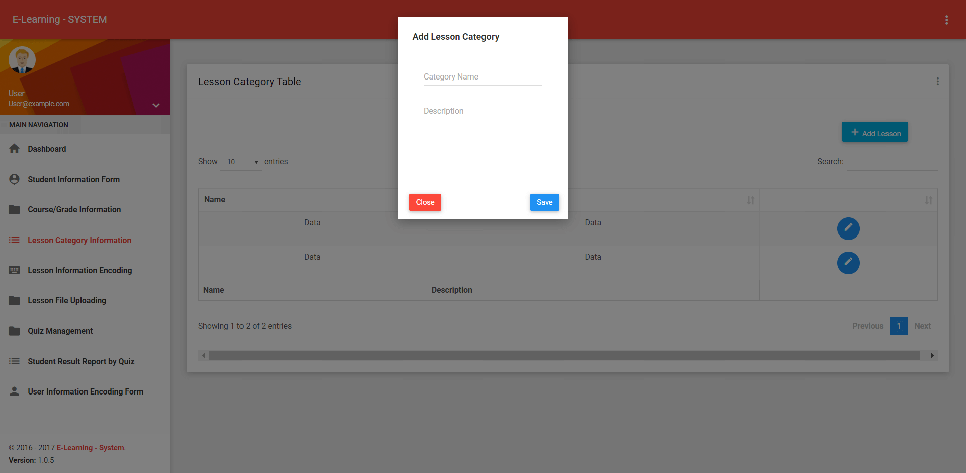 Elearning System Lesson Category Information Encoding Form