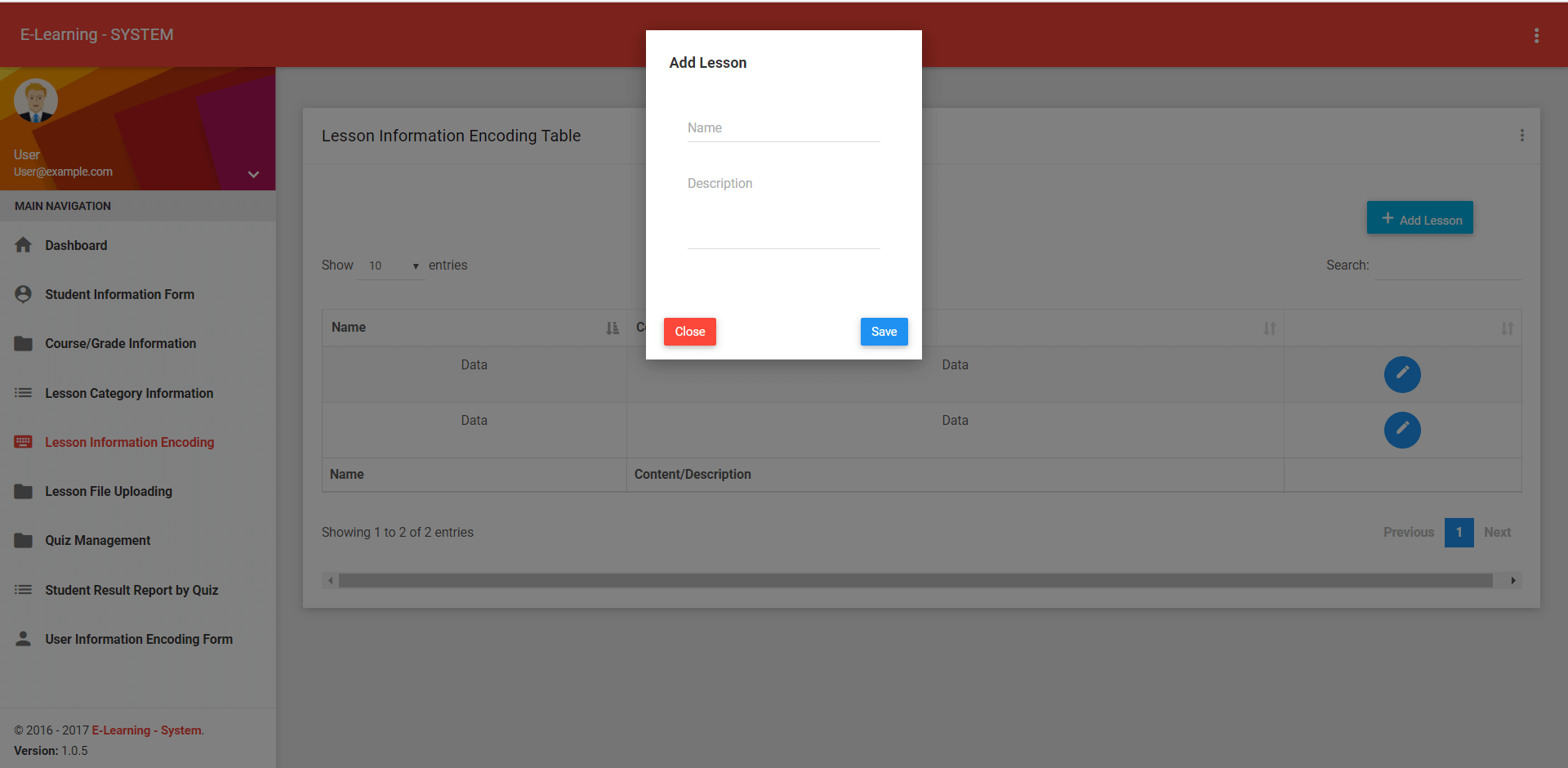 Elearning System Lesson Information Encoding Form