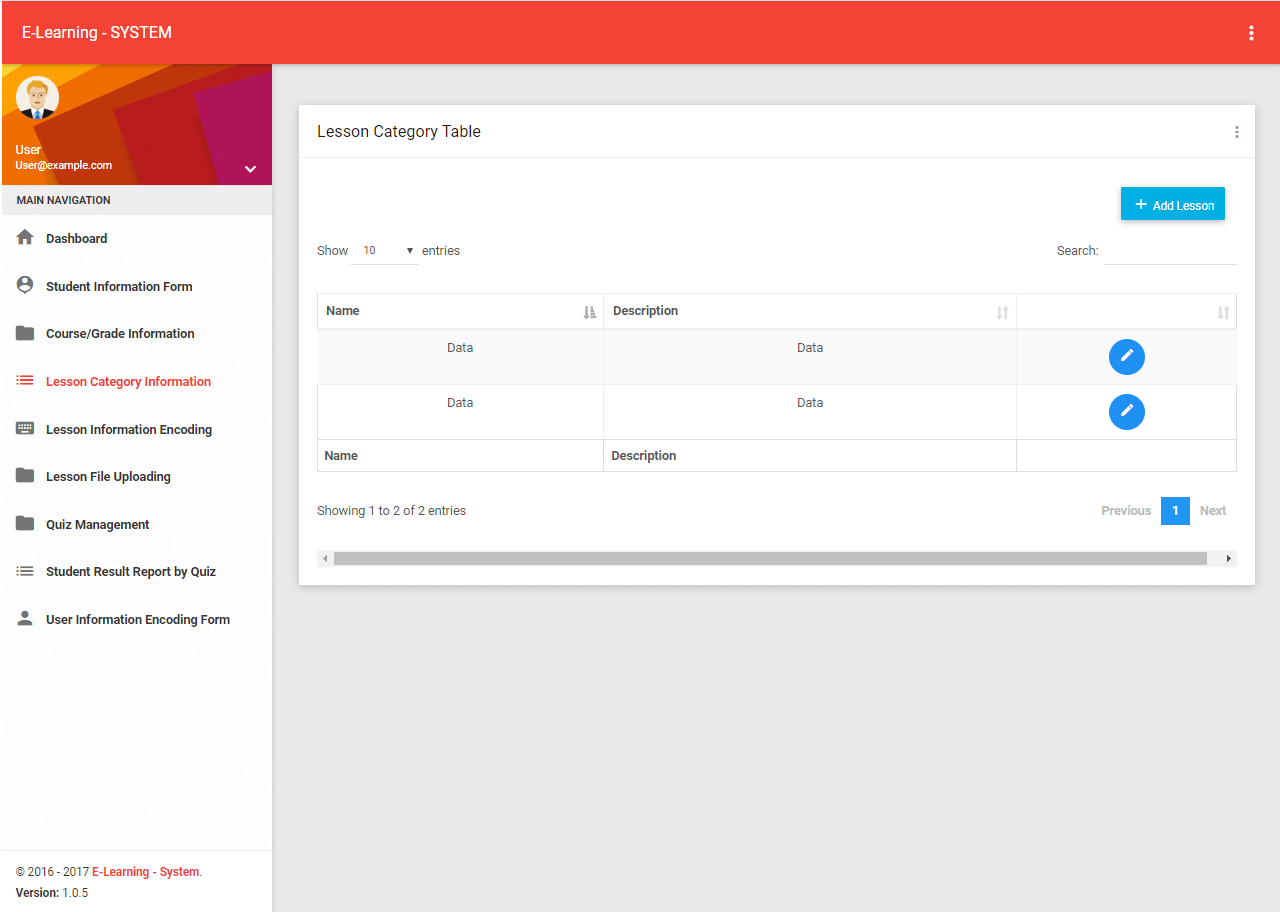 Elearning System List of Lesson Category Information Form