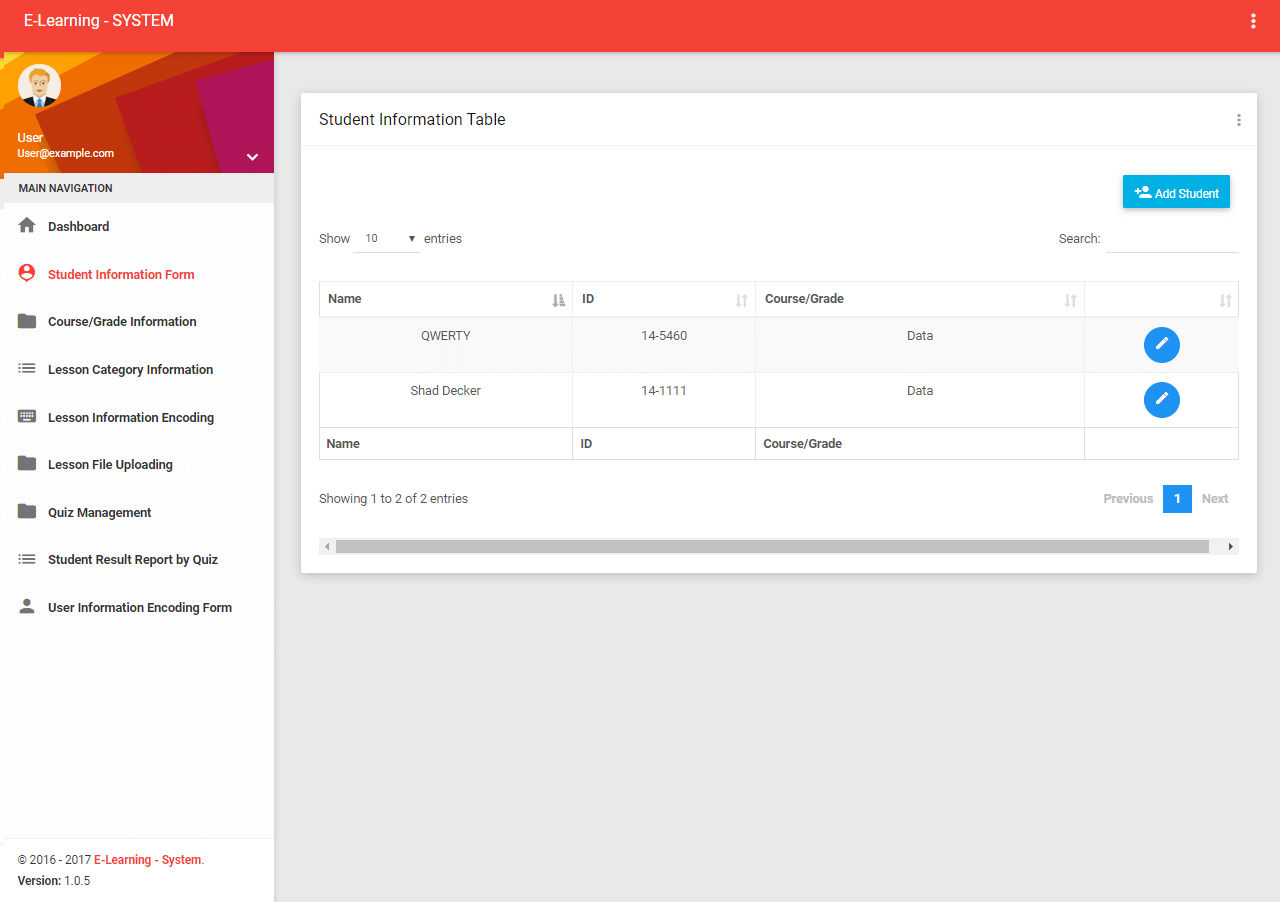 Elearning System List of Student Information Form