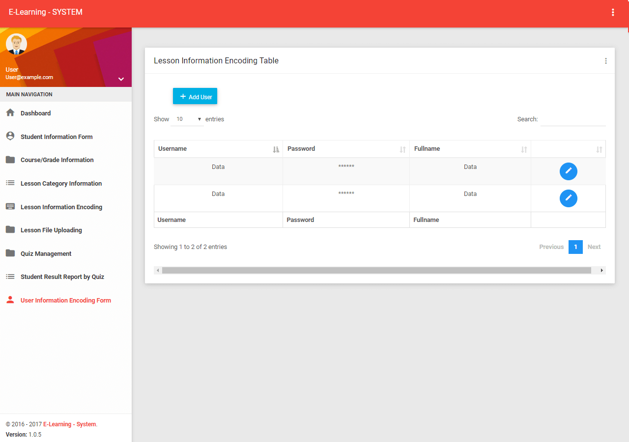 Elearning System List of User Information Form