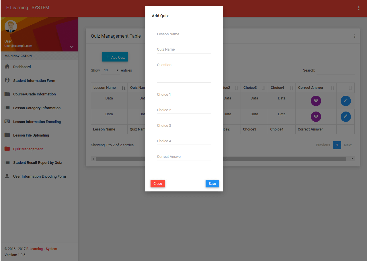 Elearning System Quiz Management Form