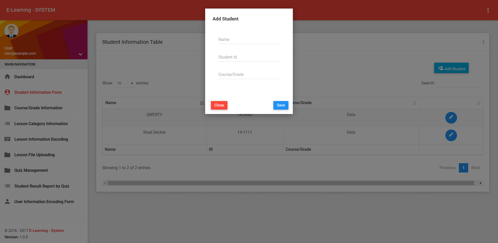 Elearning System Student Information Encoding Form