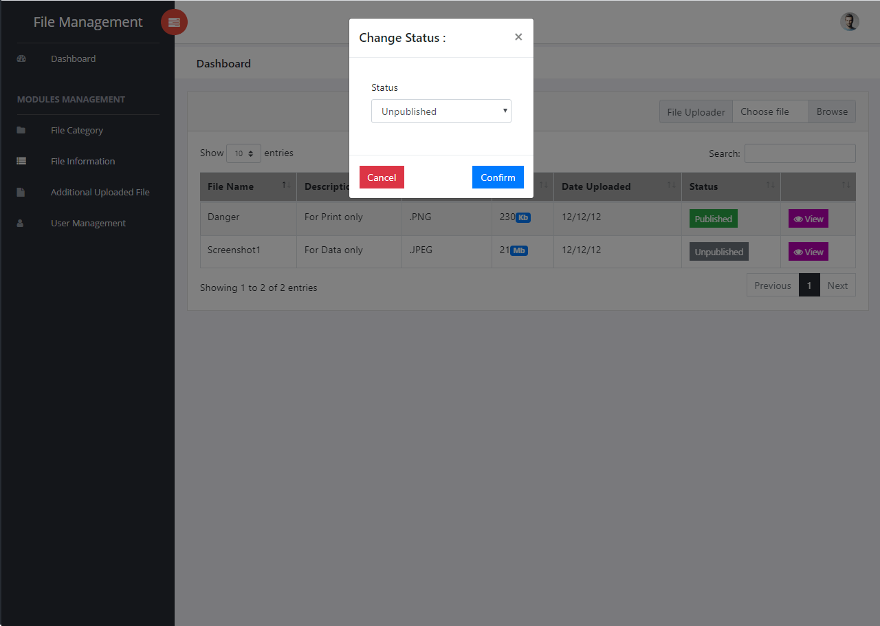 File Management System File Information Management Change Status Module