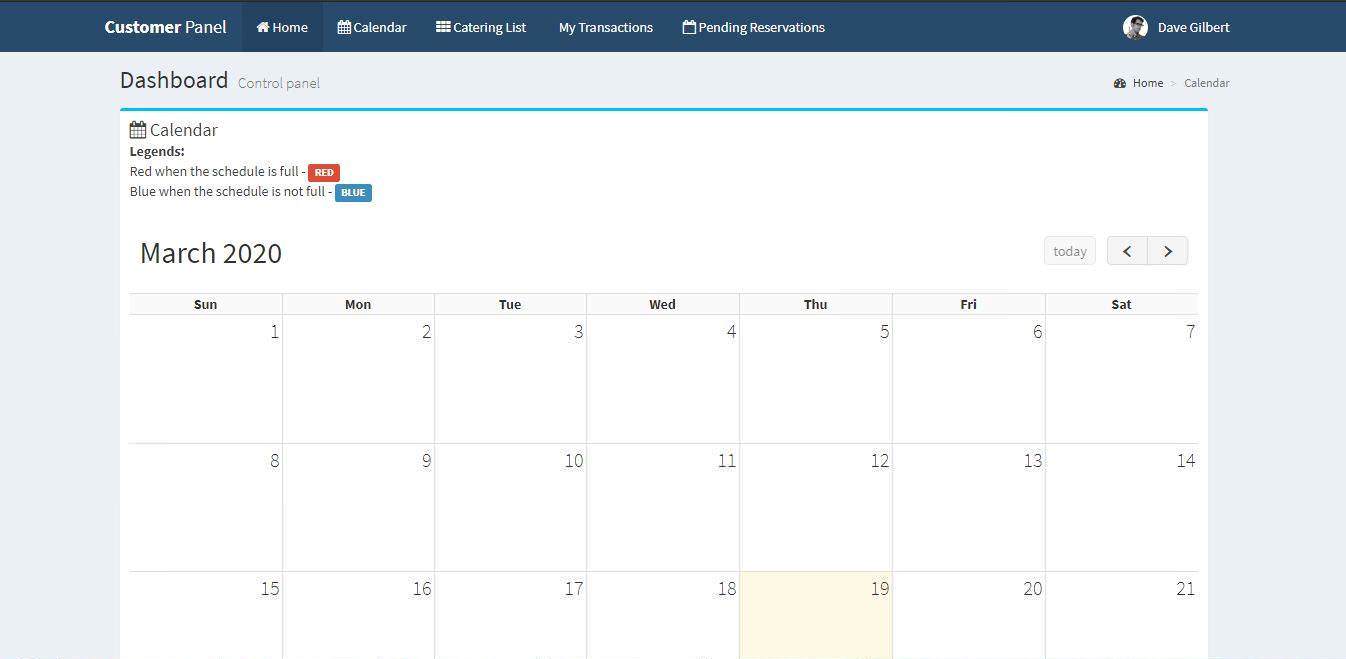 Online Catering System Calendar Feature