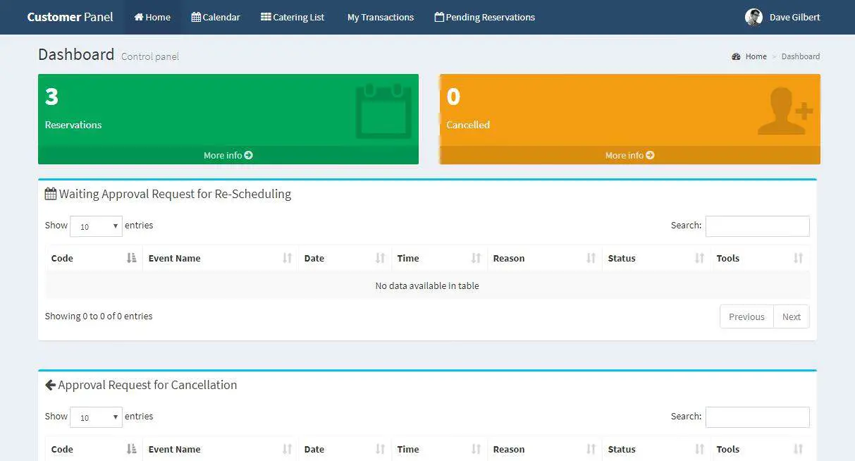 Online Catering System Customer Dashboard