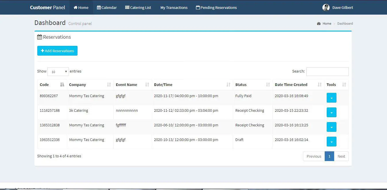 Online Catering System Encoding of Reservation