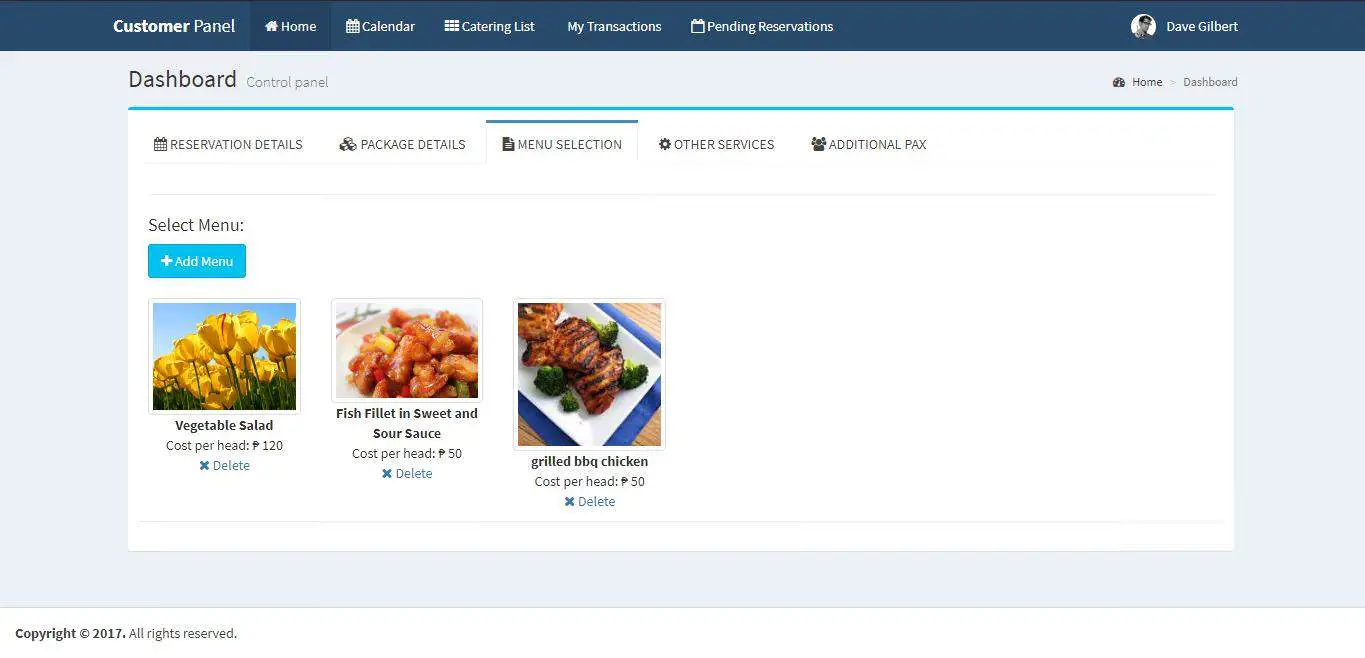 Online Catering System Menu Selection
