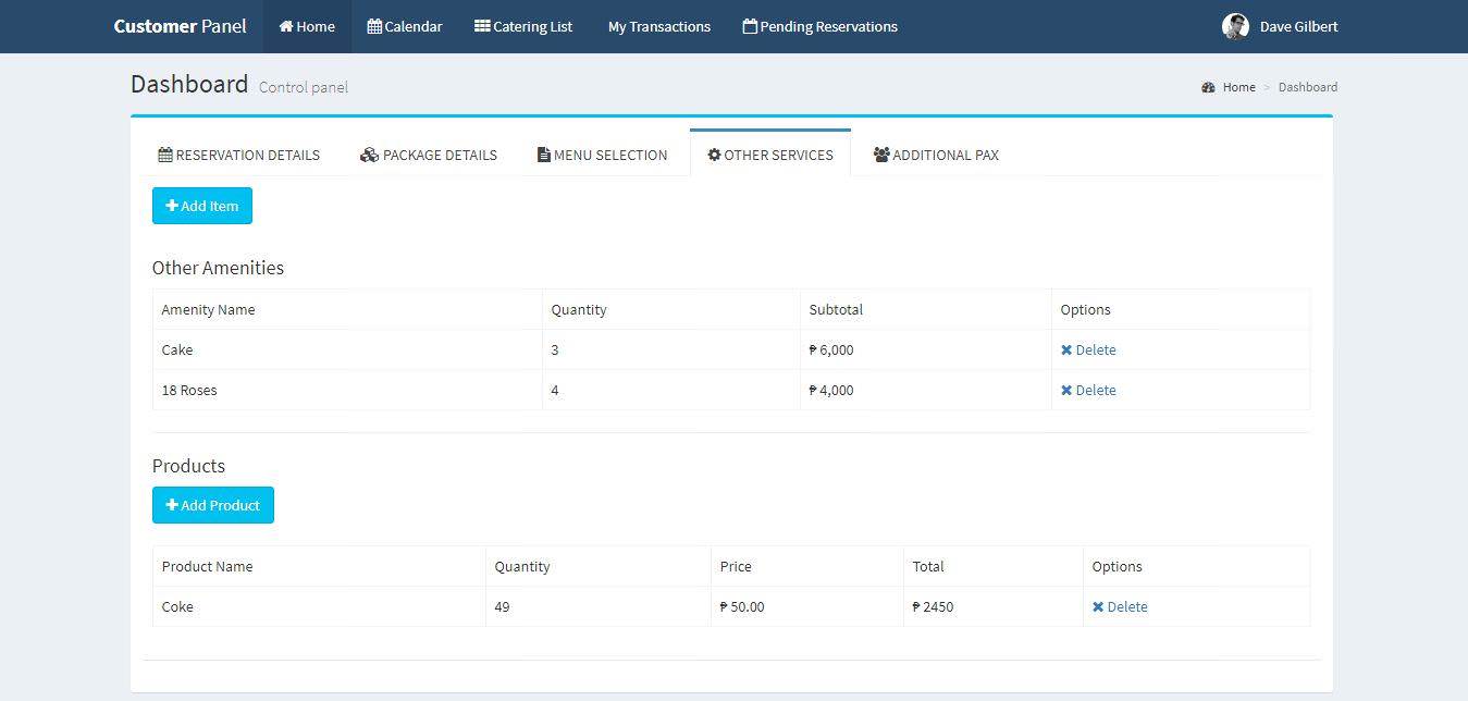 Online Catering System Other Services Menu