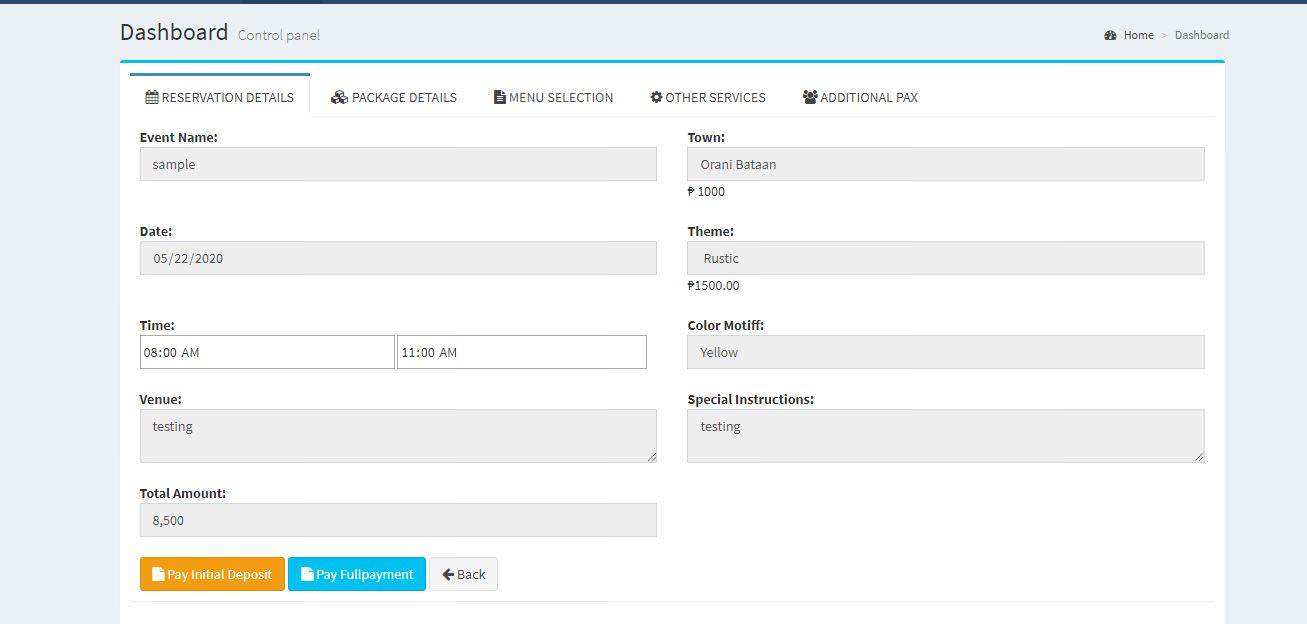 Online Catering System Reservation Details