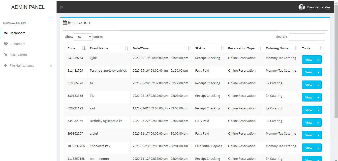 Online Catering System Reservation List