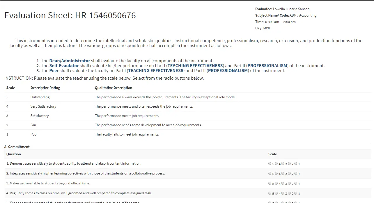 Online Teacher Evaluation System Evaluation Form