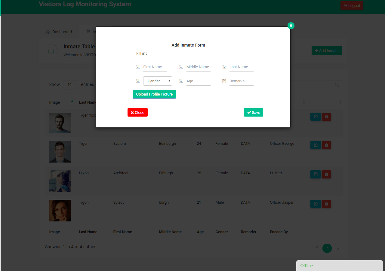 Visitor Log Monitoring System Inmate Encoding Form