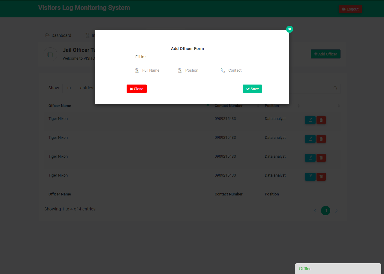 Visitor Log Monitoring System Jail Officer Encoding Form