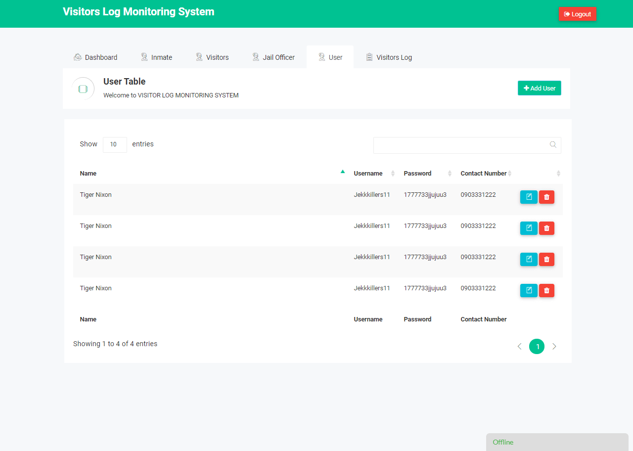 Visitor Log Monitoring System List of User Form