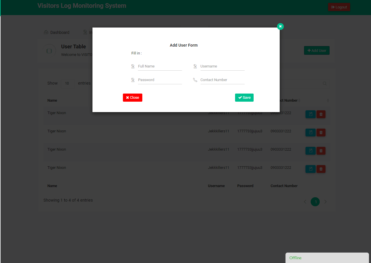 Visitor Log Monitoring System User Encoding Form