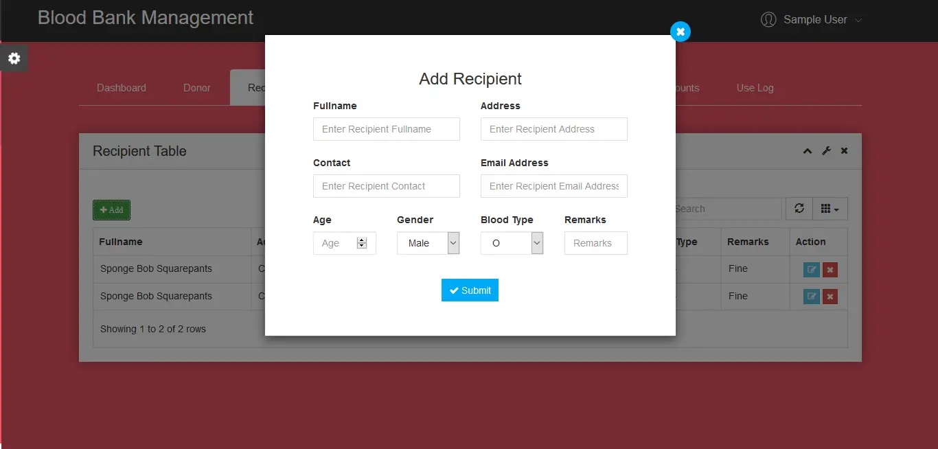 Blood Bank Management System Recipient Management Form