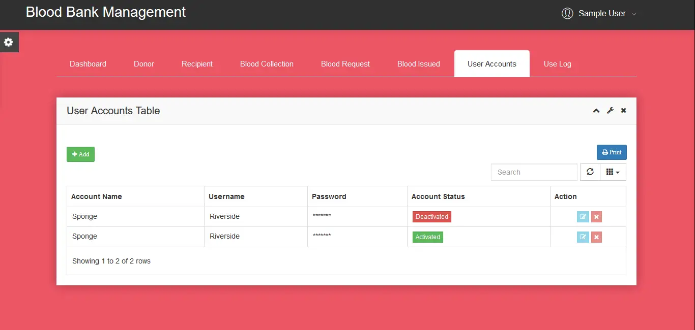 Blood Bank Management System User Account Management