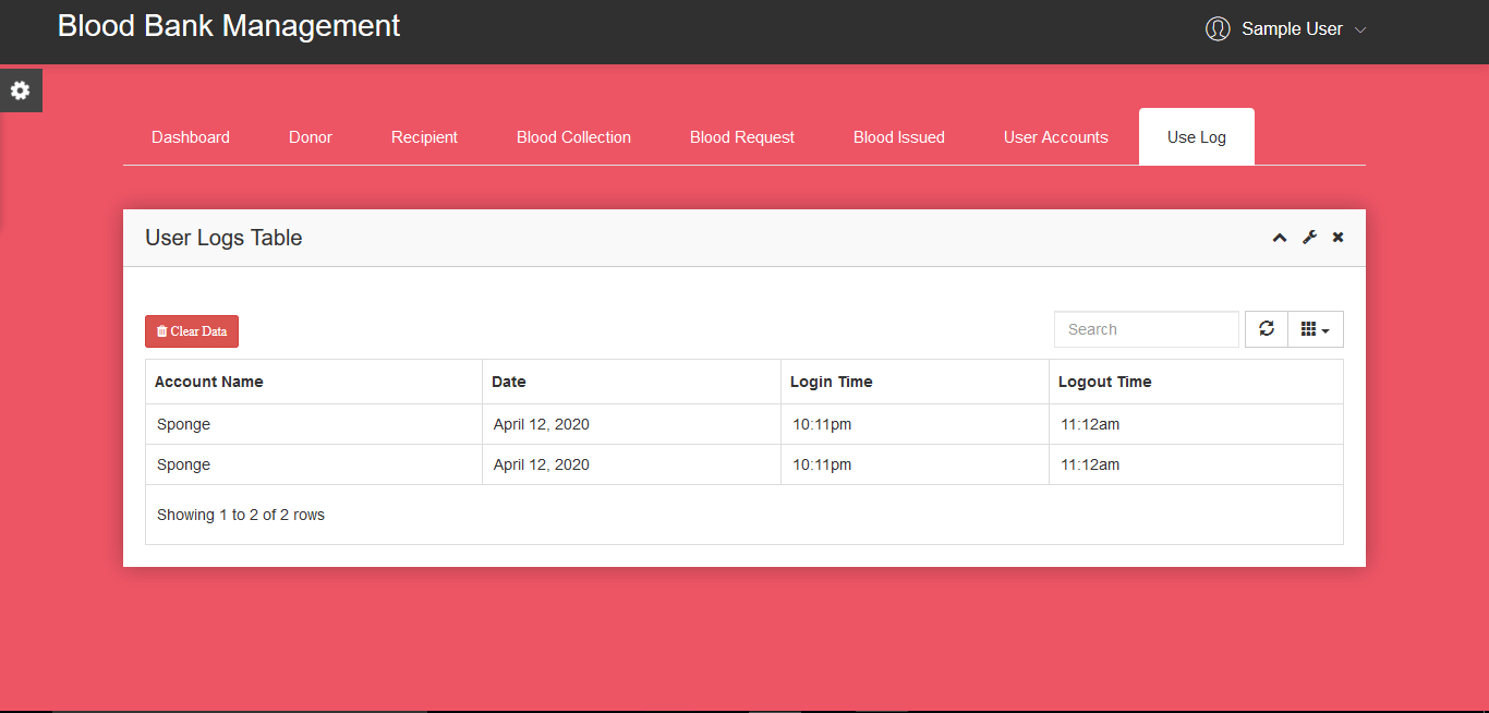 Blood Bank Management System User Log